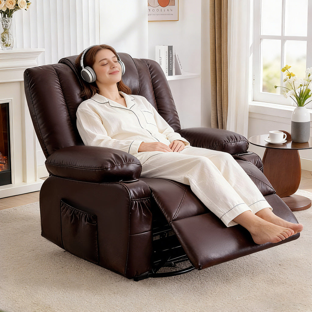 Brown Oversize Recliner Chair with Massage and Heat, 360° Swivel, Cup Holders, USB Charging, Side Pockets for Living Room, Nursery, Bedroom