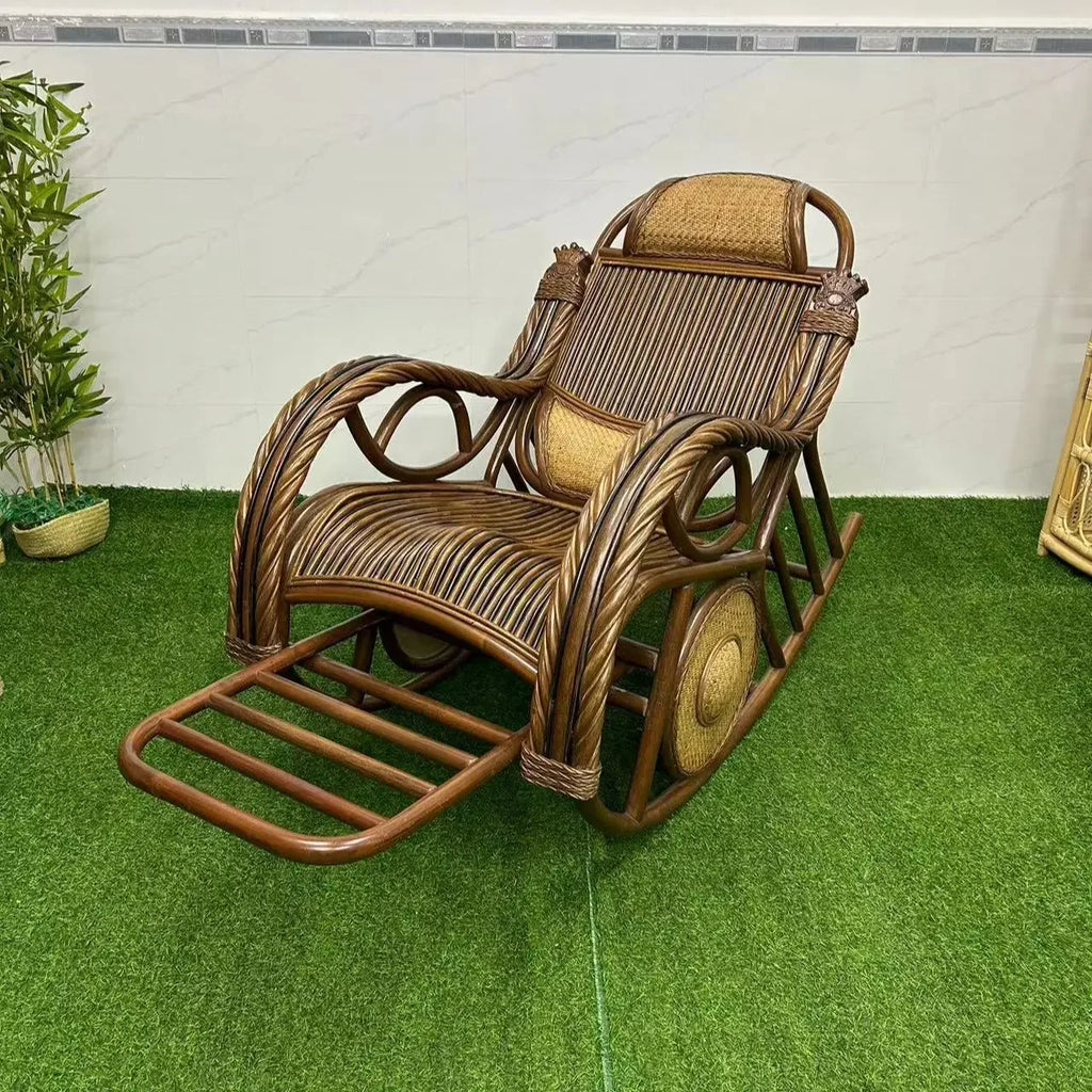 E153 Natural Real Rattan Elderly Nap Home Lazy Rocking Chair Adult Balcony Leisure Recliner