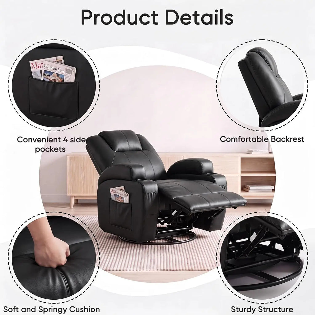 Recliner Chair, 360° Swivel Rocker Chair for Adults, Rocking Recliner Chair with Massage, Comfy Single Sofa with Side, Custom