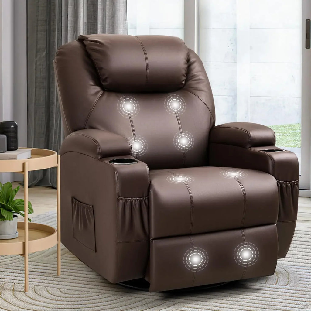 Rocker Recliner Chair with Massage for Elderly, Leather Adjustable 360°Swivel Rocking Sofa for Living Room with Remote Control,