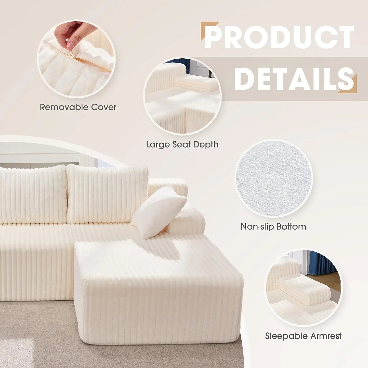 Modular Sectional Sofa Boneless Couch L-Shape Couch 3 Seat Modular Couch Memory Foam Sectional Couches for Living Room, Custom
