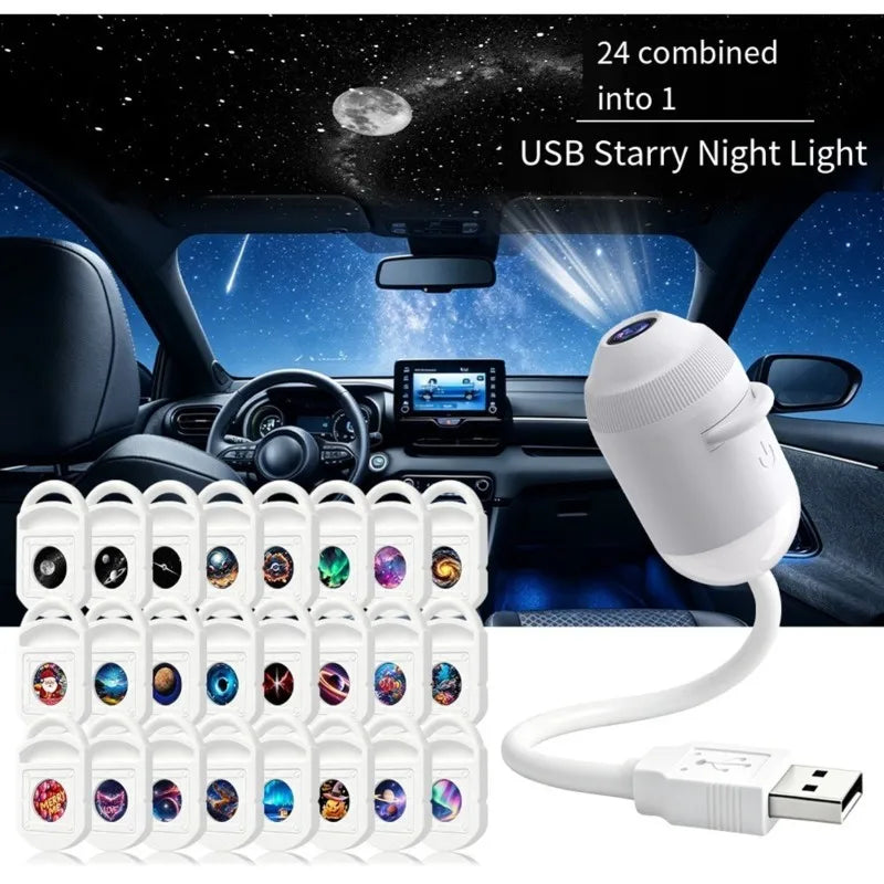 USB Mini Galaxy Star Projector With 24 Slides For Car Interior& Home Decor- Two-In-One Night Light Functionality