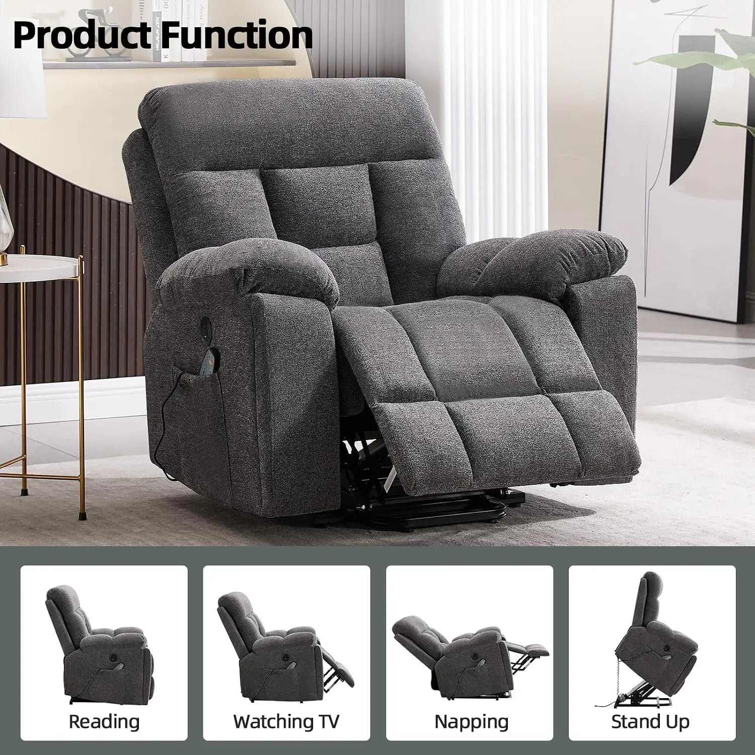 Large Power Lift Recliner Chair with Massage and Heat for Elderly Big and Tall People, Overstuffed Wide Recliners, Customized