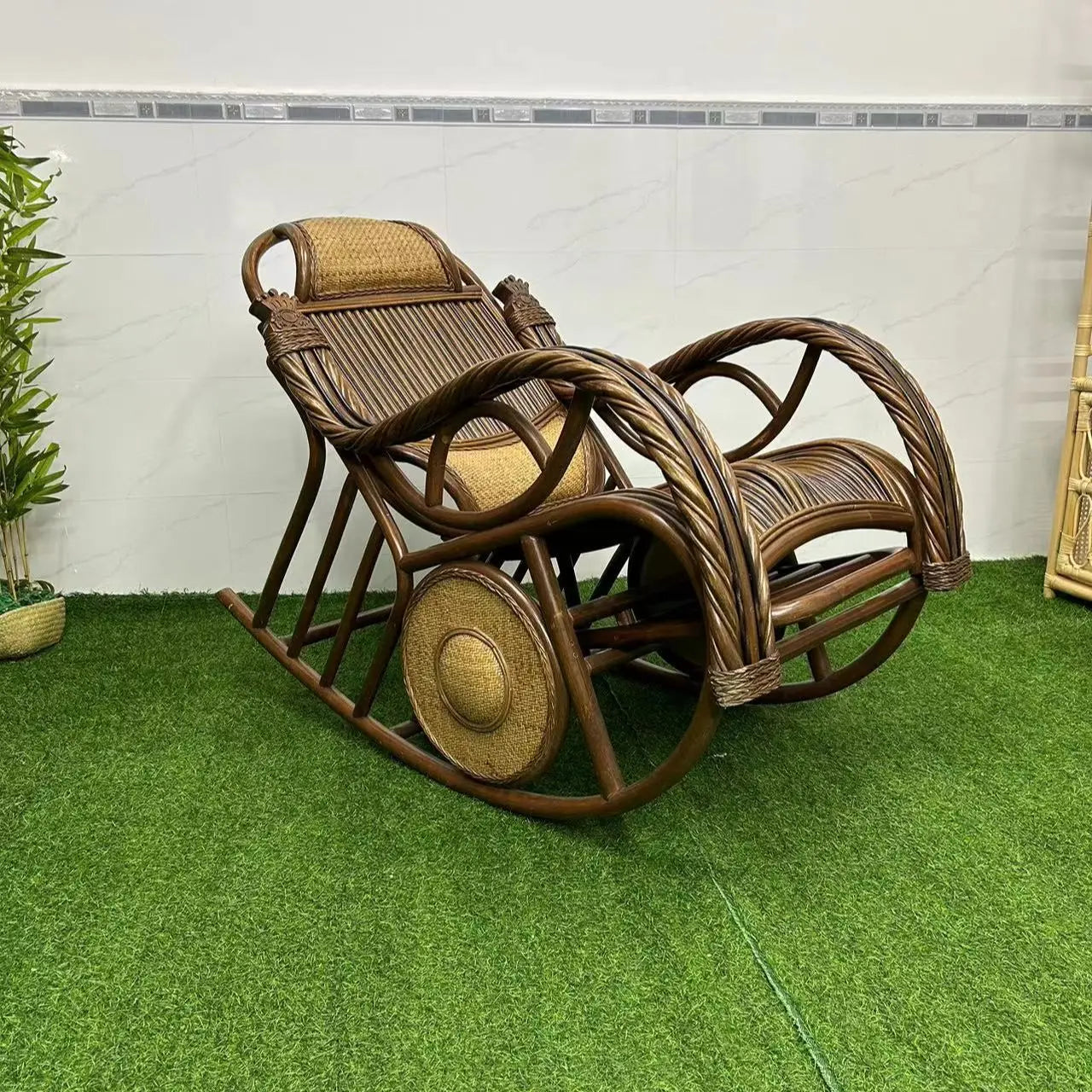 E153 Natural Real Rattan Elderly Nap Home Lazy Rocking Chair Adult Balcony Leisure Recliner