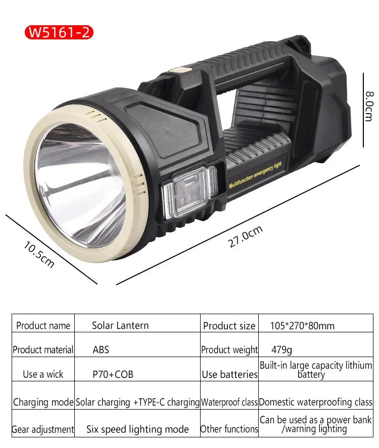 Powerful XHP70 LED Flashlight Solar Charging Searchlight Long Range USB Rechargeable Camping Lantern Multifunctional Work Light