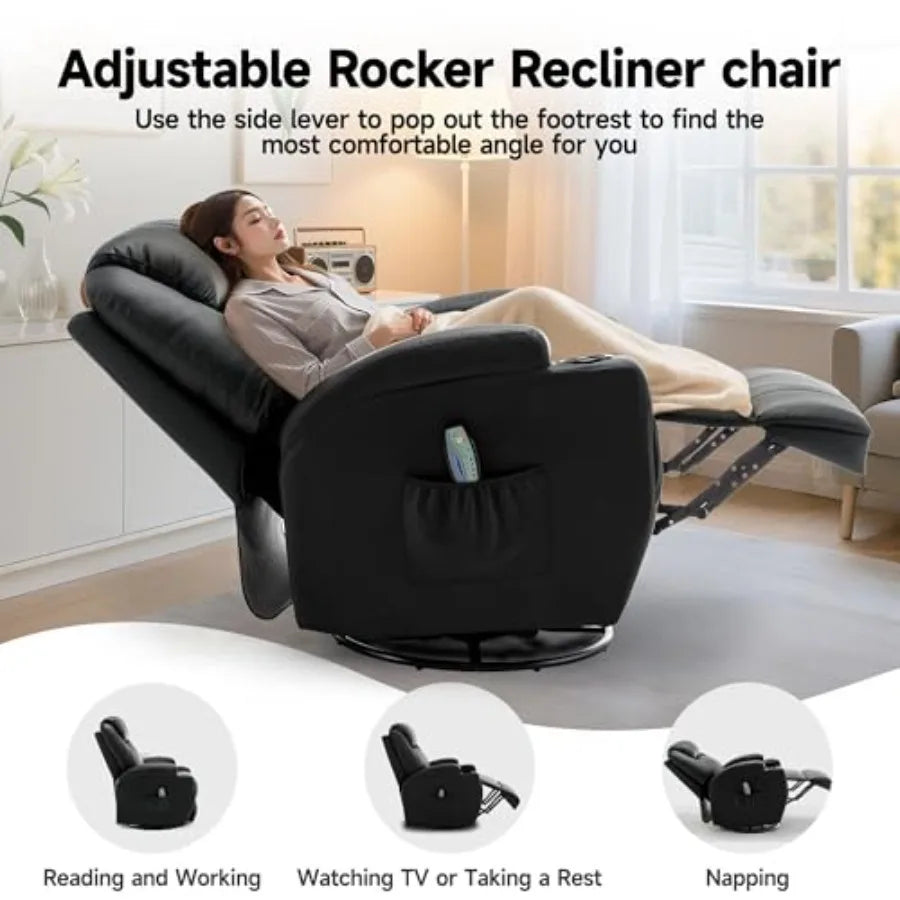 Recliner Chair, Rocking Chair with Massage and Heat, 360° Swivel Recliner Chairs for Adults, Rocker Manual Recliner with Remote