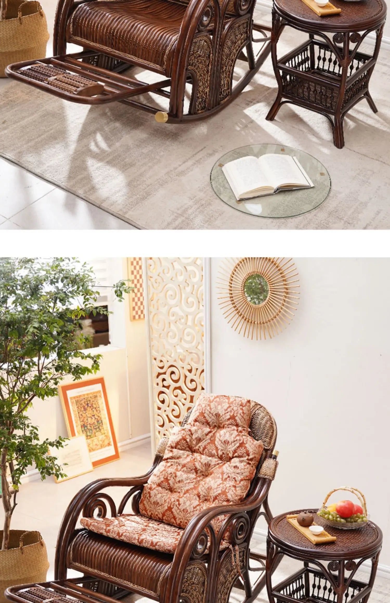 natural true rattan rocking chair recliner sofa single balcony home leisure retro cushion living room