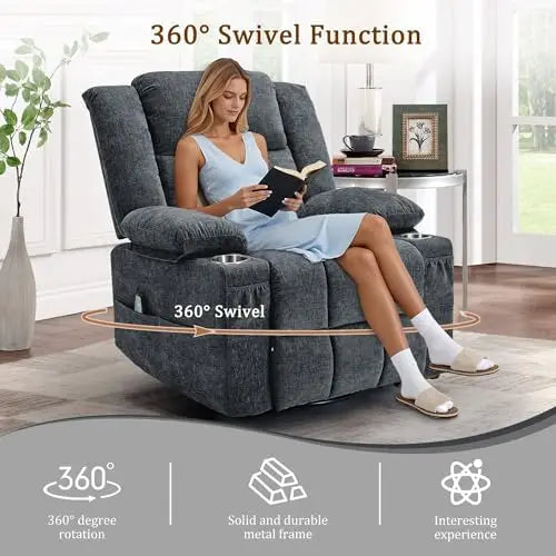 360° Swivel Rocker Recliner for Adults, Nursery Glider Recliner with Massage and Heating, Rocking Chair with Cup