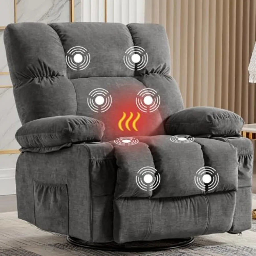 Recliner Chair Oversized Swivel Rocker with Vibration Massage and Lumbar Heating, 360° Swivel, USB Charging Port, Cup Holders a