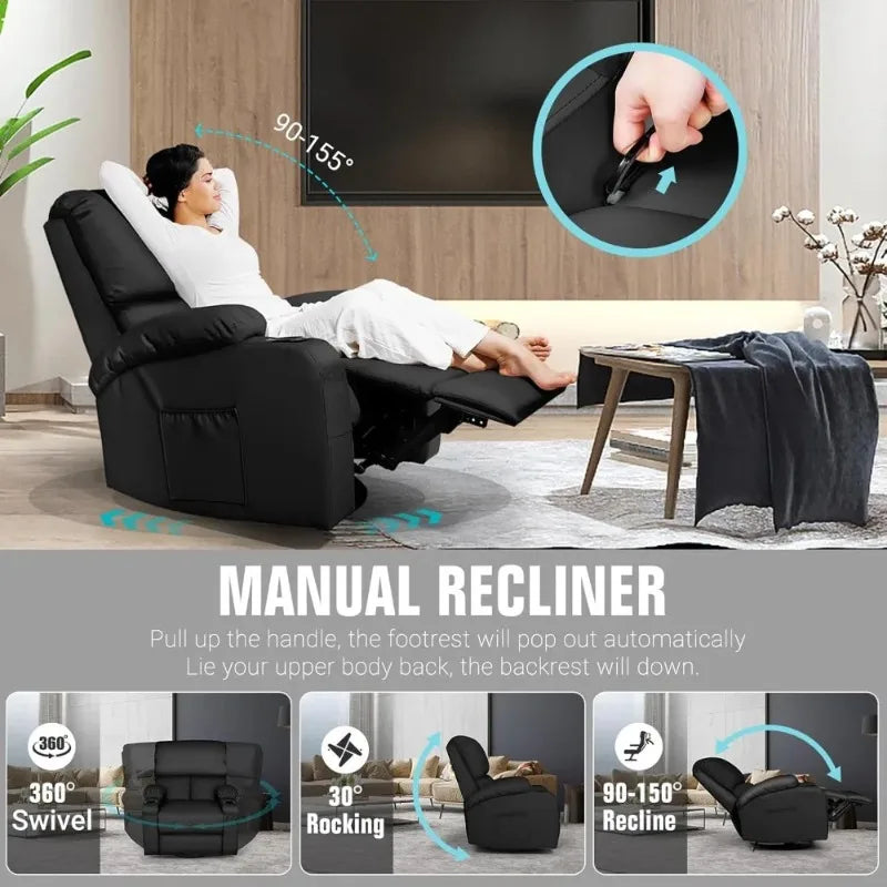 Massage Recliner Chair with Heat & Vibration, 360° Swivel Rocker, Faux Leather, Easy Assembly