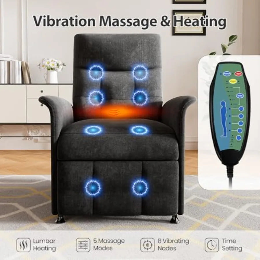 Power Recliner Chair for Adults with Heat and Massage - Soft Fabric Electric Reclining Sofa with Remote Control, 3 Side Pockets
