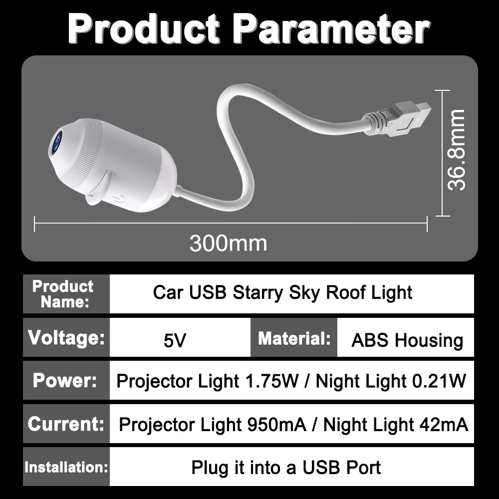 USB Car Interior Roof Star Galaxy Projection Ambient Lighting 360° Adjustable Starry Sky Ambient Projector Light Touch Control