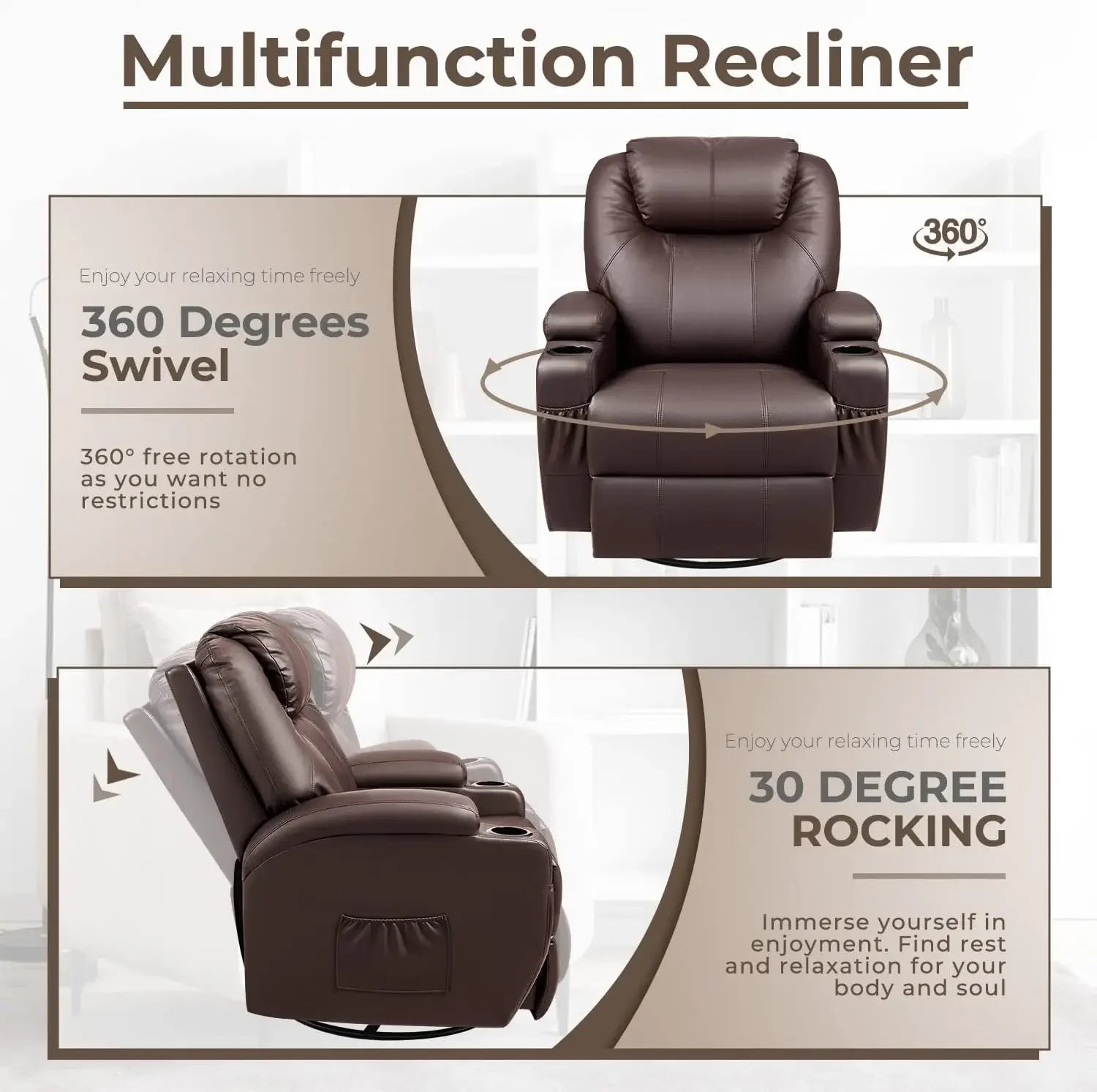 Rocker Recliner Chair with Massage for Elderly, Leather Adjustable 360°Swivel Rocking Sofa for Living Room with Remote Control,