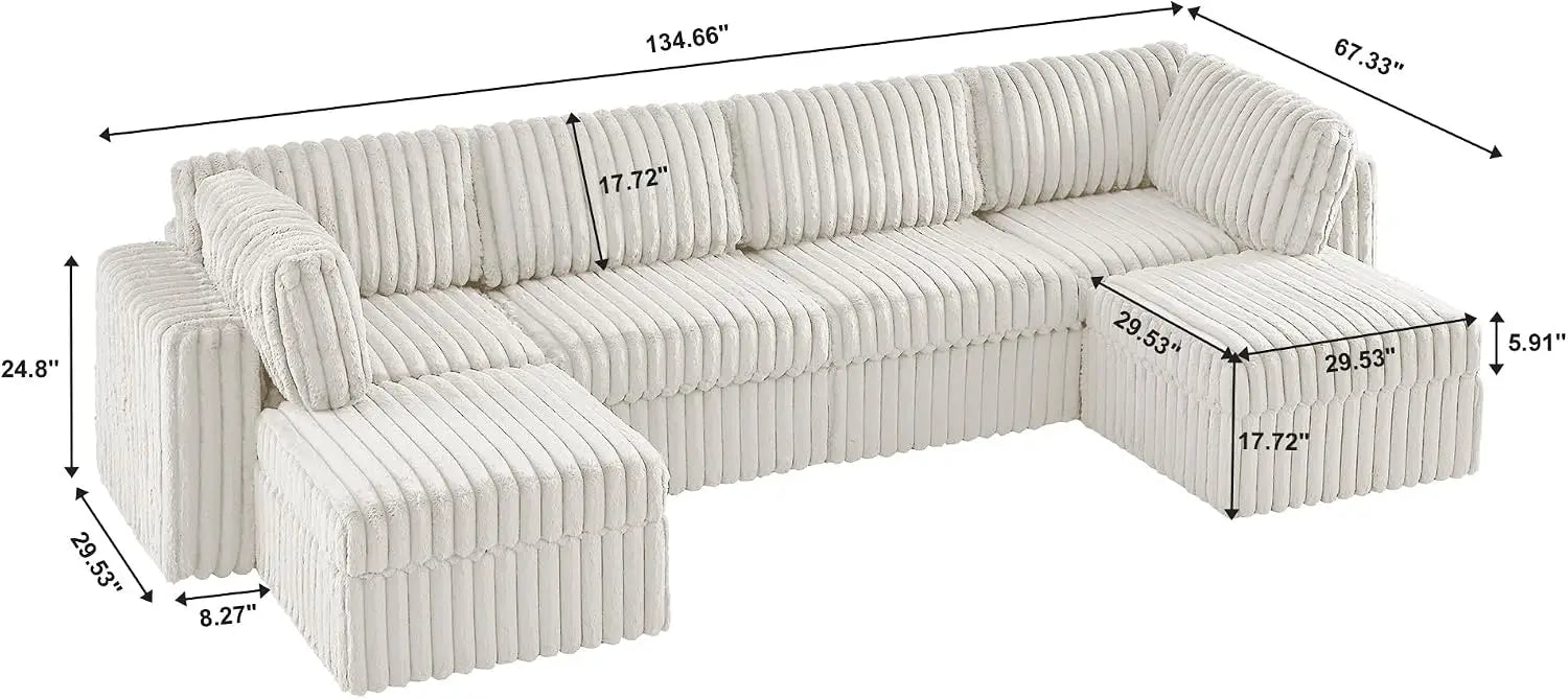 Modular U Shaped Sectional Sofa, 6-Seat Corduroy Couch with Storage, Reversible Chaise, Plush Faux Fur, White