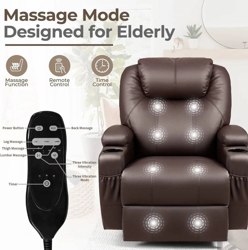 Rocker Recliner Chair with Massage for Elderly, Leather Adjustable 360°Swivel Rocking Sofa for Living Room with Remote Control,