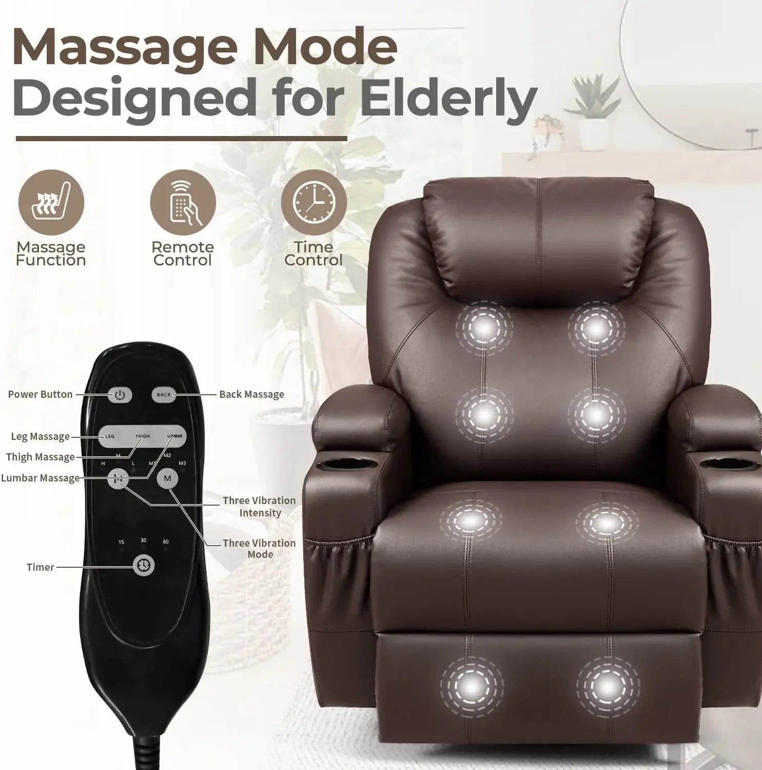 Rocker Recliner Chair with Massage for Elderly, Leather Adjustable 360°Swivel Rocking Sofa for Living Room with Remote Control,