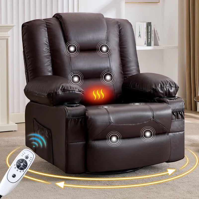 Brown Oversize Recliner Chair with Massage and Heat, 360° Swivel, Cup Holders, USB Charging, Side Pockets for Living Room, Nursery, Bedroom