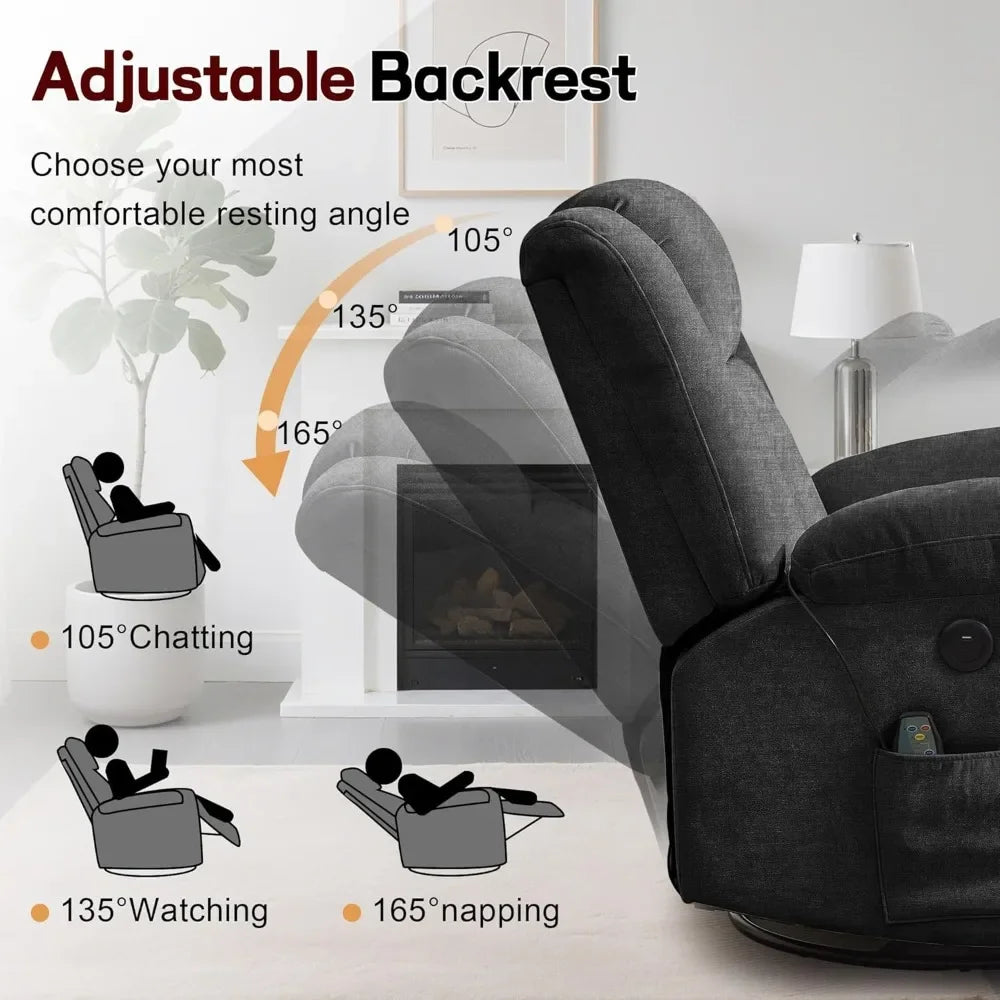 360° Swivel Rocking Recliner Chair with Massage & Heating, Storage Pockets & USB Charging for Living Room Bedroom Nursery