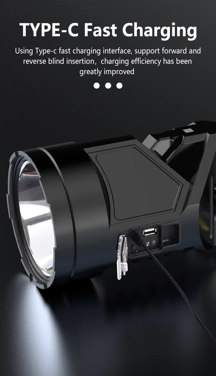 Powerful XHP70 LED Flashlight Solar Charging Searchlight Long Range USB Rechargeable Camping Lantern Multifunctional Work Light