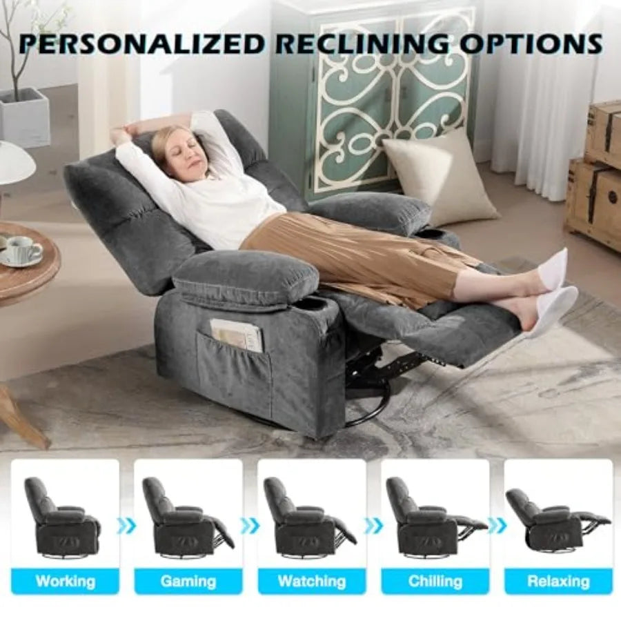 Recliner Chair Oversized Swivel Rocker with Vibration Massage and Lumbar Heating, 360° Swivel, USB Charging Port, Cup Holders a
