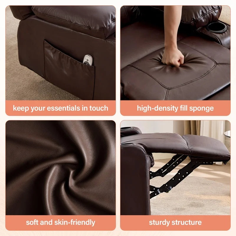 Brown Oversize Recliner Chair with Massage and Heat, 360° Swivel, Cup Holders, USB Charging, Side Pockets for Living Room, Nursery, Bedroom