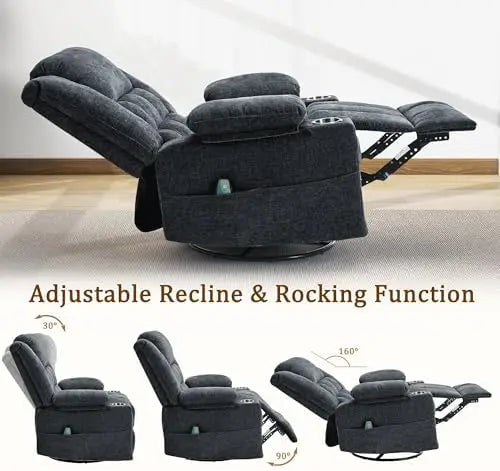 360° Swivel Rocker Recliner for Adults, Nursery Glider Recliner with Massage and Heating, Rocking Chair with Cup