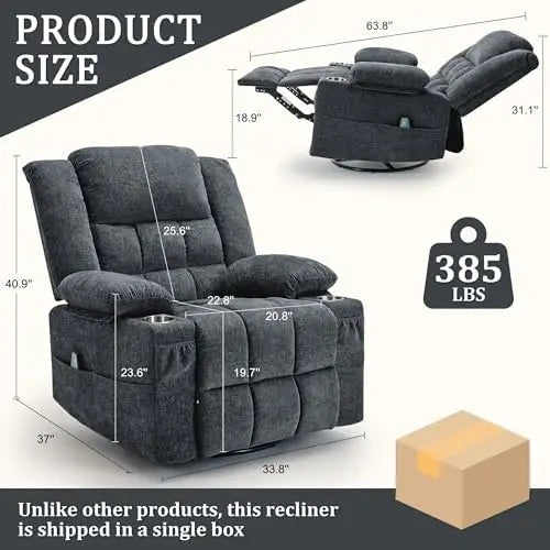 360° Swivel Rocker Recliner for Adults, Nursery Glider Recliner with Massage and Heating, Rocking Chair with Cup