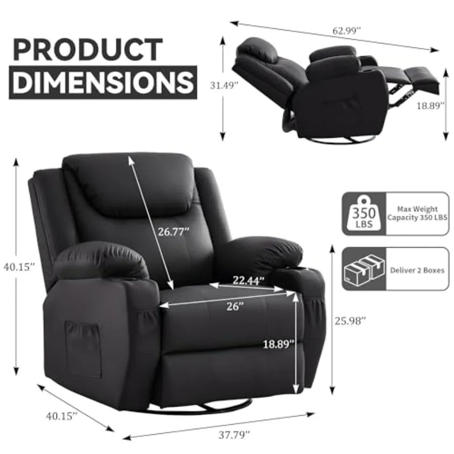 Oversized Recliner Chair, 360° Swivel Recliner for Adults, Swivel Rocker Recliner Chair with Heat and Massage, Manual Recliner