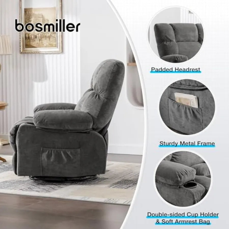 Recliner Chair Oversized Swivel Rocker with Vibration Massage and Lumbar Heating, 360° Swivel, USB Charging Port, Cup Holders a