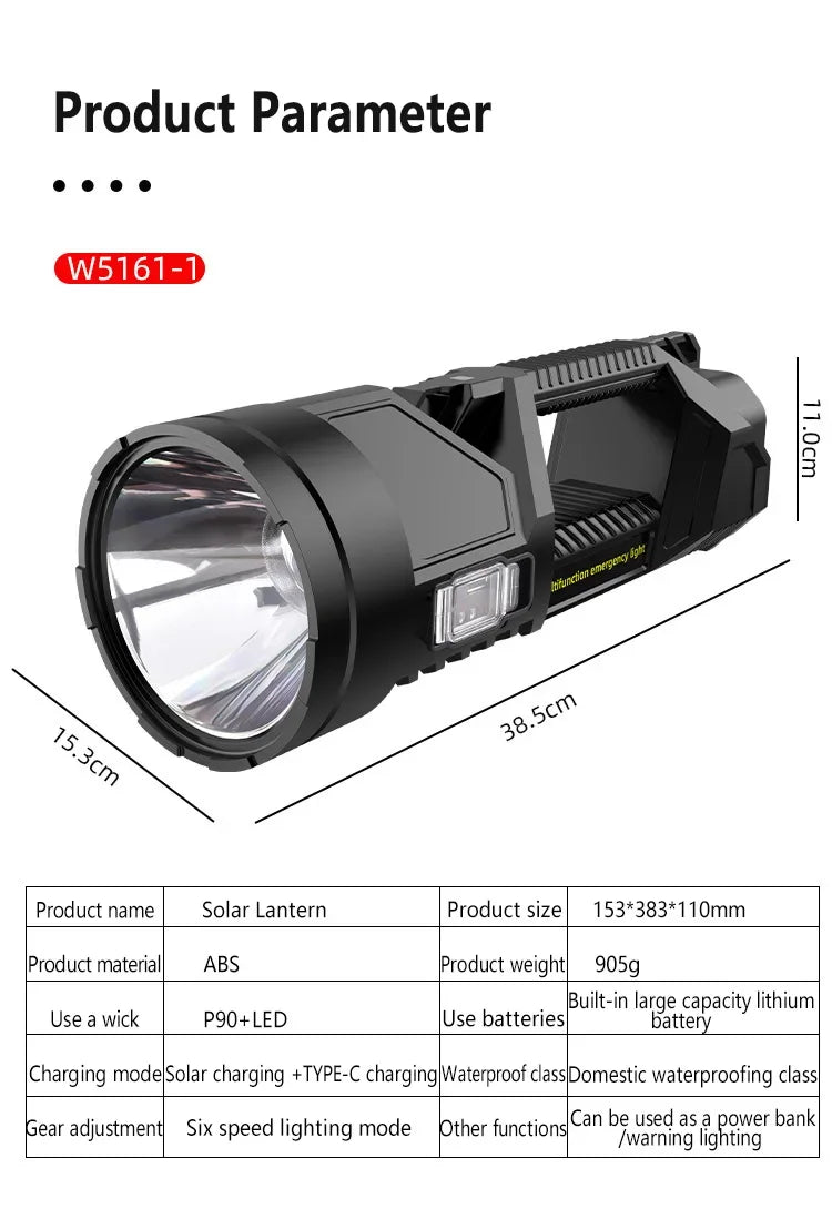 Most Powerful XHP70 LED Searchlight Solar Work Light Outdoor Multifunctional LED Flashlight USB Rechargeable Camping Lantern