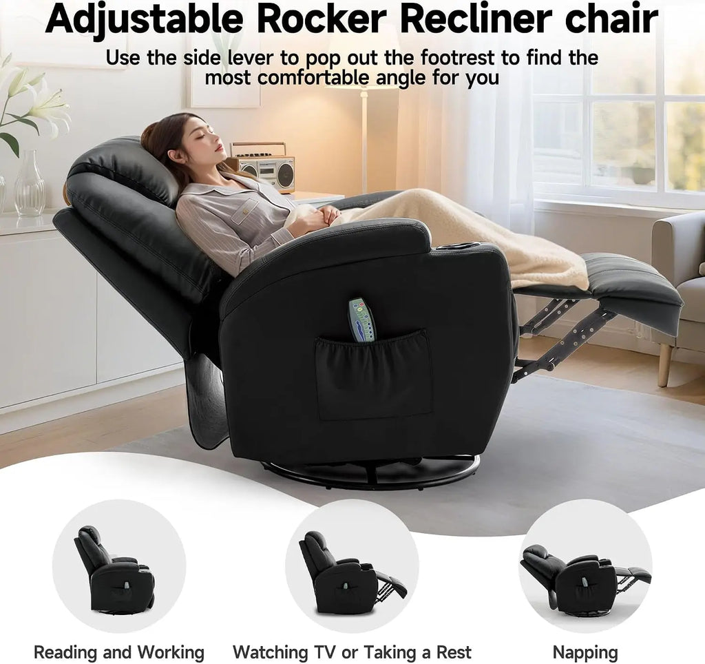 Recliner Chair, Rocking Chair with Massage and Heat, 360° Swivel Recliner Chairs for Adults, Rocker Manual Recliner