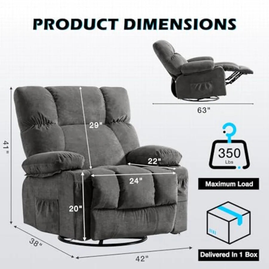 Recliner Chair Oversized Swivel Rocker with Vibration Massage and Lumbar Heating, 360° Swivel, USB Charging Port, Cup Holders a