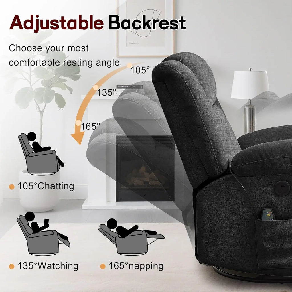 360° Swivel Rocking Recliner Chair with Massage & Heating, Storage Pockets & USB Charging for Living Room Bedroom Nursery