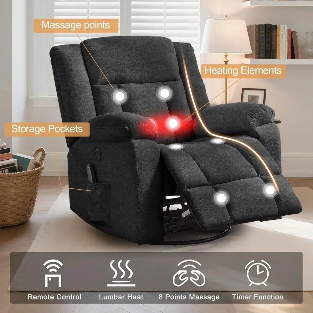 360° Swivel Rocking Recliner Chair with Massage & Heating, Storage Pockets & USB Charging for Living Room Bedroom Nursery