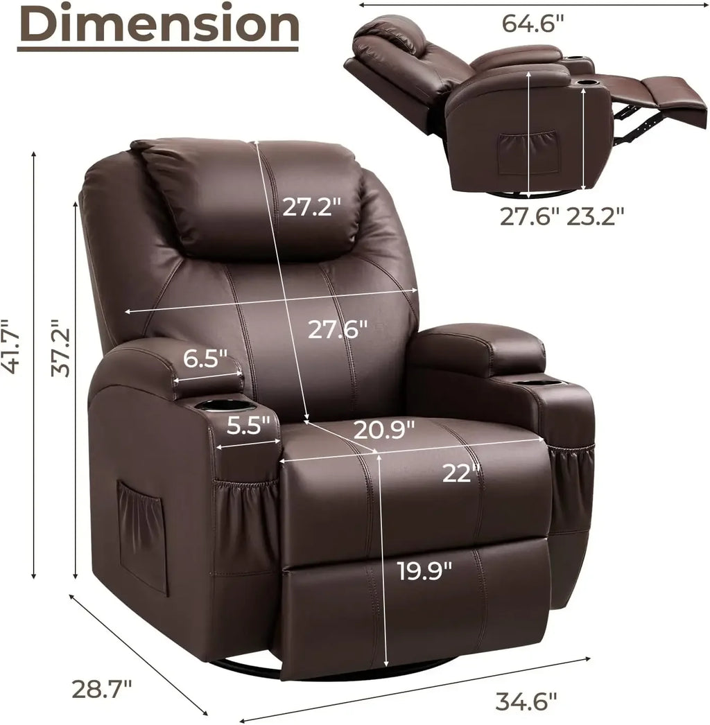 Rocker Recliner Chair with Massage for Elderly, Leather Adjustable 360°Swivel Rocking Sofa for Living Room with Remote Control,