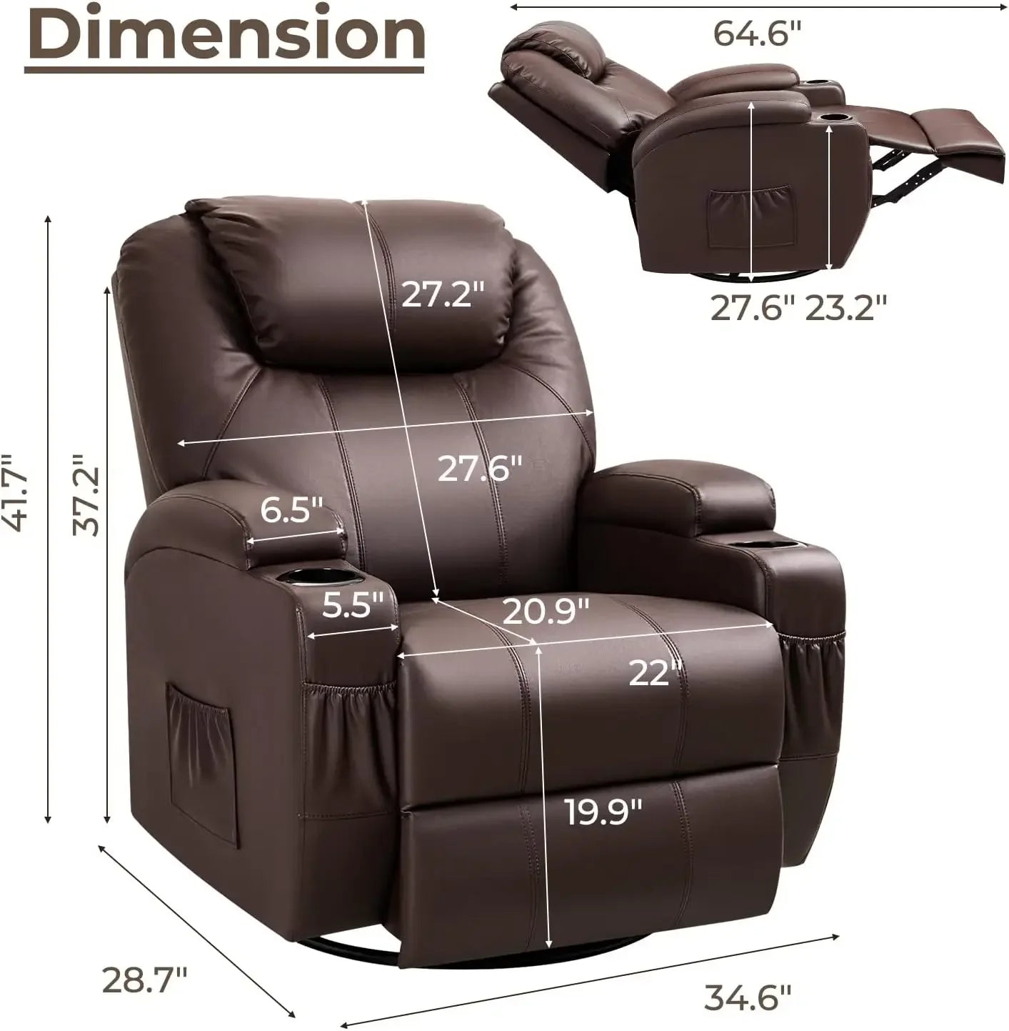 Rocker Recliner Chair with Massage for Elderly, Leather Adjustable 360°Swivel Rocking Sofa for Living Room with Remote Control,