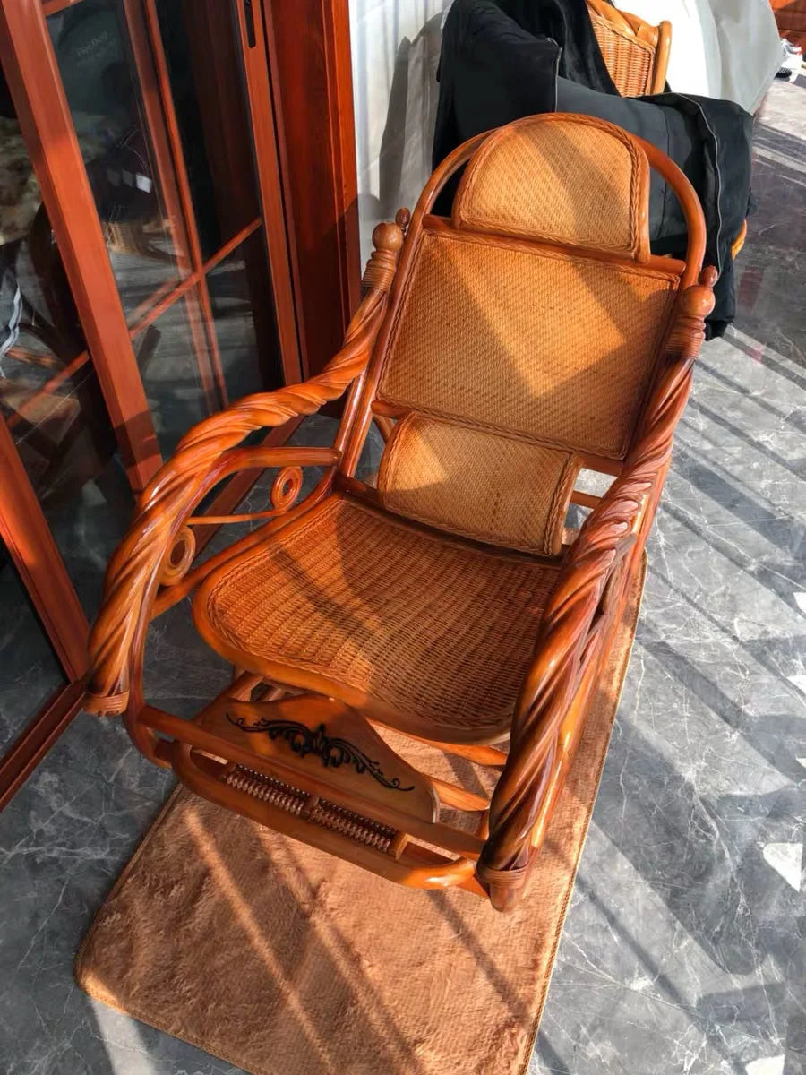 CZ Rocking Chair Hanging Basket Natural Real Rattan Plant Woven Relaxing Leisure Recliner