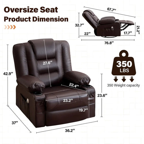 Brown Oversize Recliner Chair with Massage and Heat, 360° Swivel, Cup Holders, USB Charging, Side Pockets for Living Room, Nursery, Bedroom