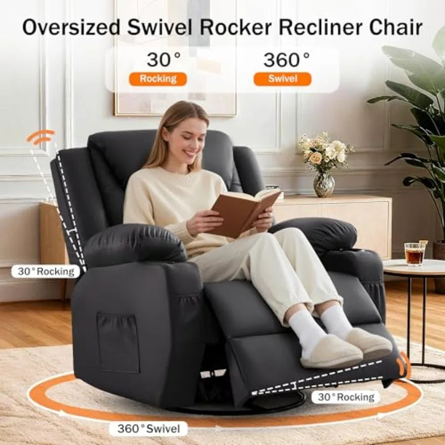 Oversized Recliner Chair, 360° Swivel Recliner for Adults, Swivel Rocker Recliner Chair with Heat and Massage, Manual Recliner