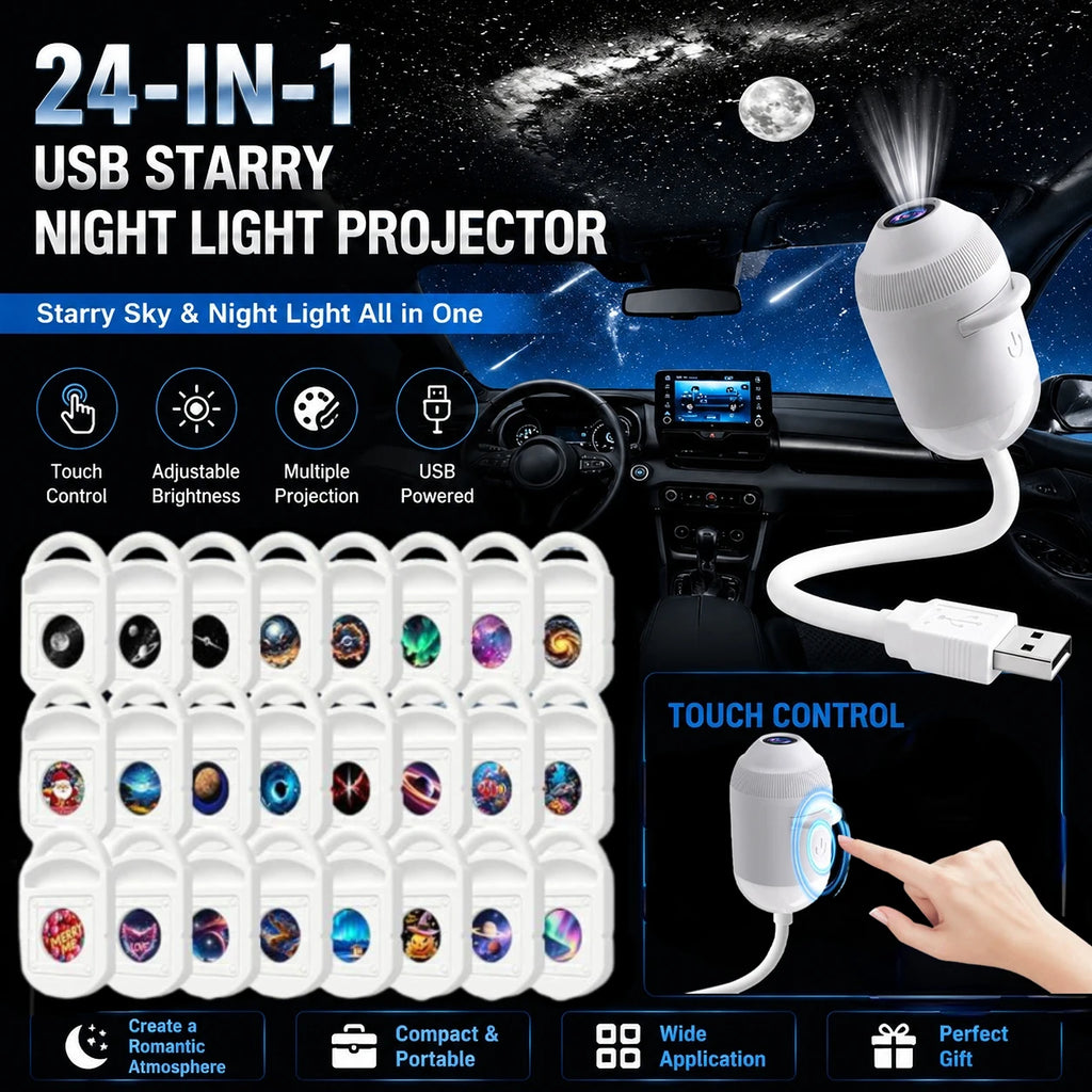 USB Mini Galaxy Projector Night Light Starry Sky Ambient Lamp 360° Rotate Touch Control Car Interior Bedroom Atmosphere Light
