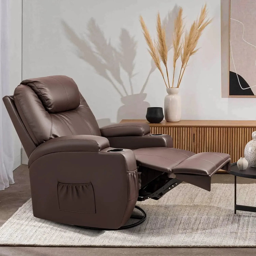 Rocker Recliner Chair with Massage for Elderly, Leather Adjustable 360°Swivel Rocking Sofa for Living Room with Remote Control,