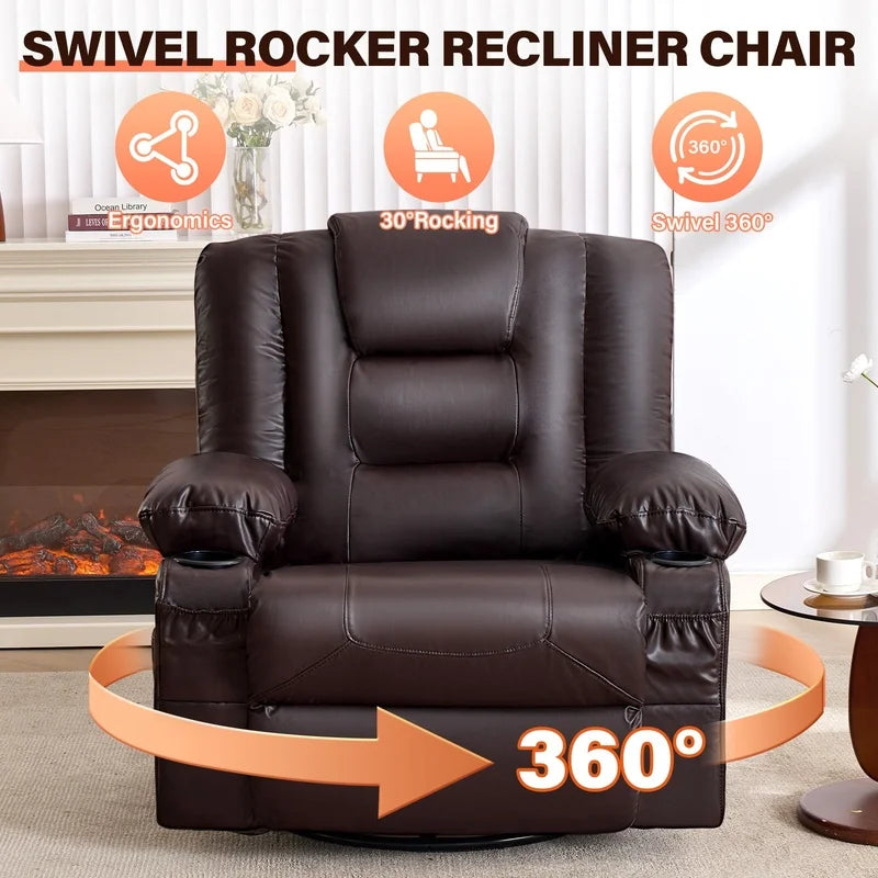 Brown Oversize Recliner Chair with Massage and Heat, 360° Swivel, Cup Holders, USB Charging, Side Pockets for Living Room, Nursery, Bedroom