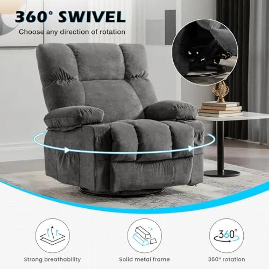 Recliner Chair Oversized Swivel Rocker with Vibration Massage and Lumbar Heating, 360° Swivel, USB Charging Port, Cup Holders a