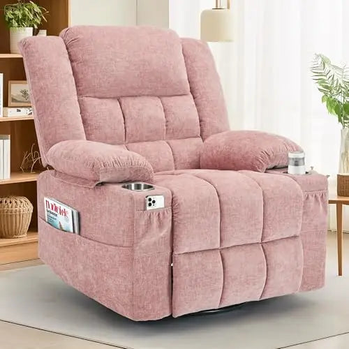 360° Swivel Rocker Recliner for Adults, Nursery Glider Recliner with Massage and Heating, Rocking Chair with Cup