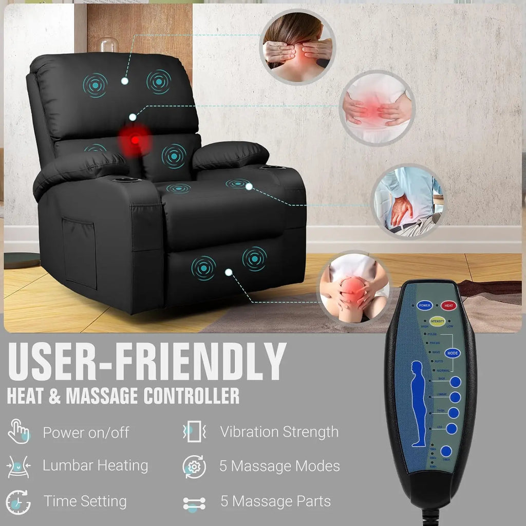 Rocking Recliner Chair, Massage Rocker Recliner Chair with Vibration Massage and Heat, 360° Swivel Faux Leather Chairs, Living R