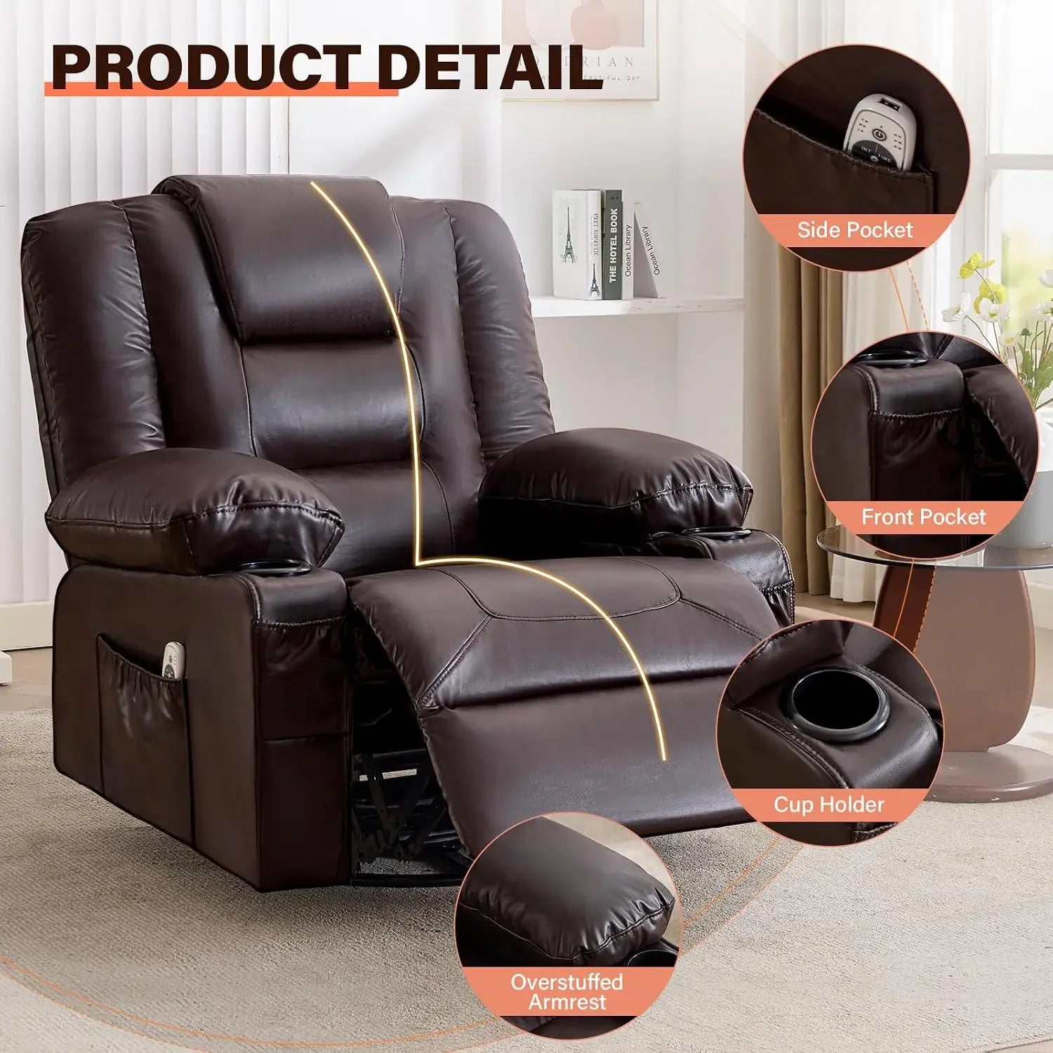 Swivel Rocker Recliner Chair with Vibration Massage and Heat for Living Room,with Rocking Function and Side Pocket, PU Leather U