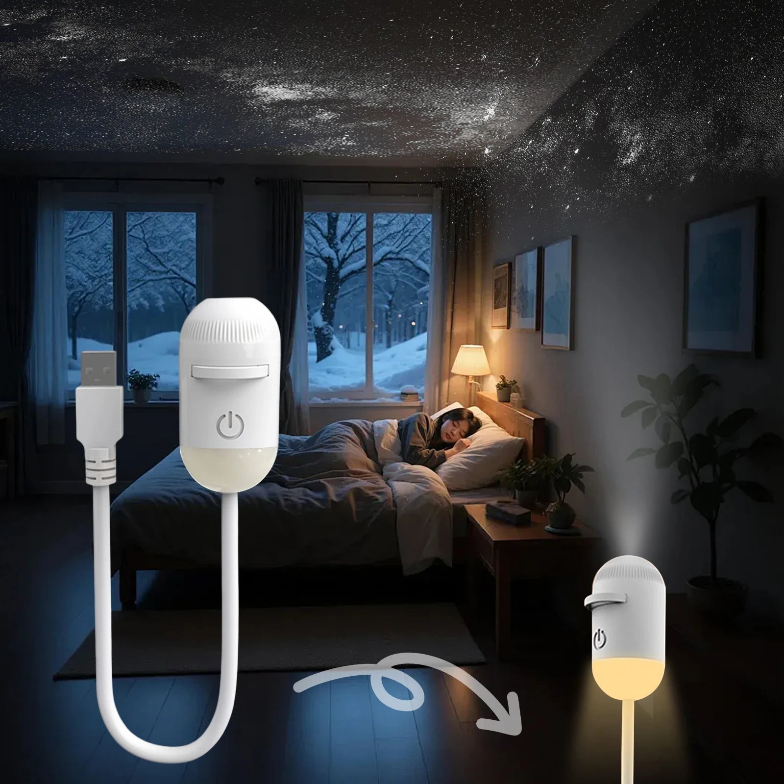2-in-1 Mini Galaxy Star Projector Night Light Sliding Films Starry Sky Ambient Light 360° Rotating Background Atmosphere Light