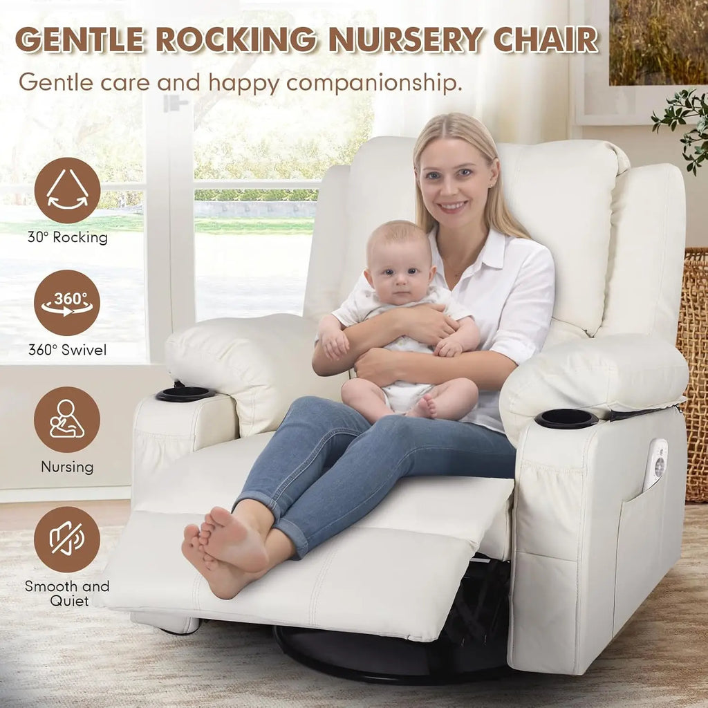 Leather Swivel Rocker Recliner Chair with Massage and Heat Overstuffed Manual Recliner Chairs with Cup Holders, Rocking Glider C
