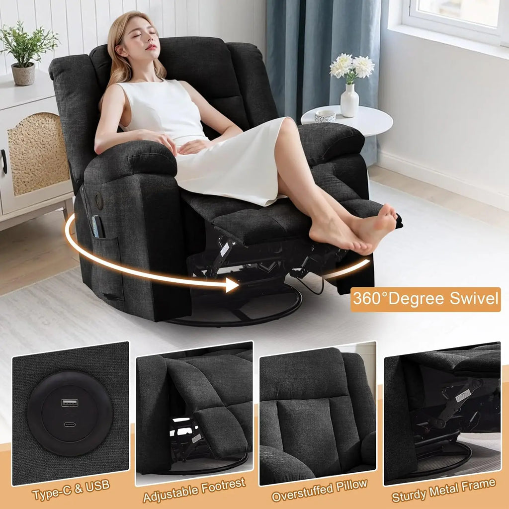 360° Swivel Rocking Recliner Chair with Massage & Heating, Storage Pockets & USB Charging for Living Room Bedroom Nursery