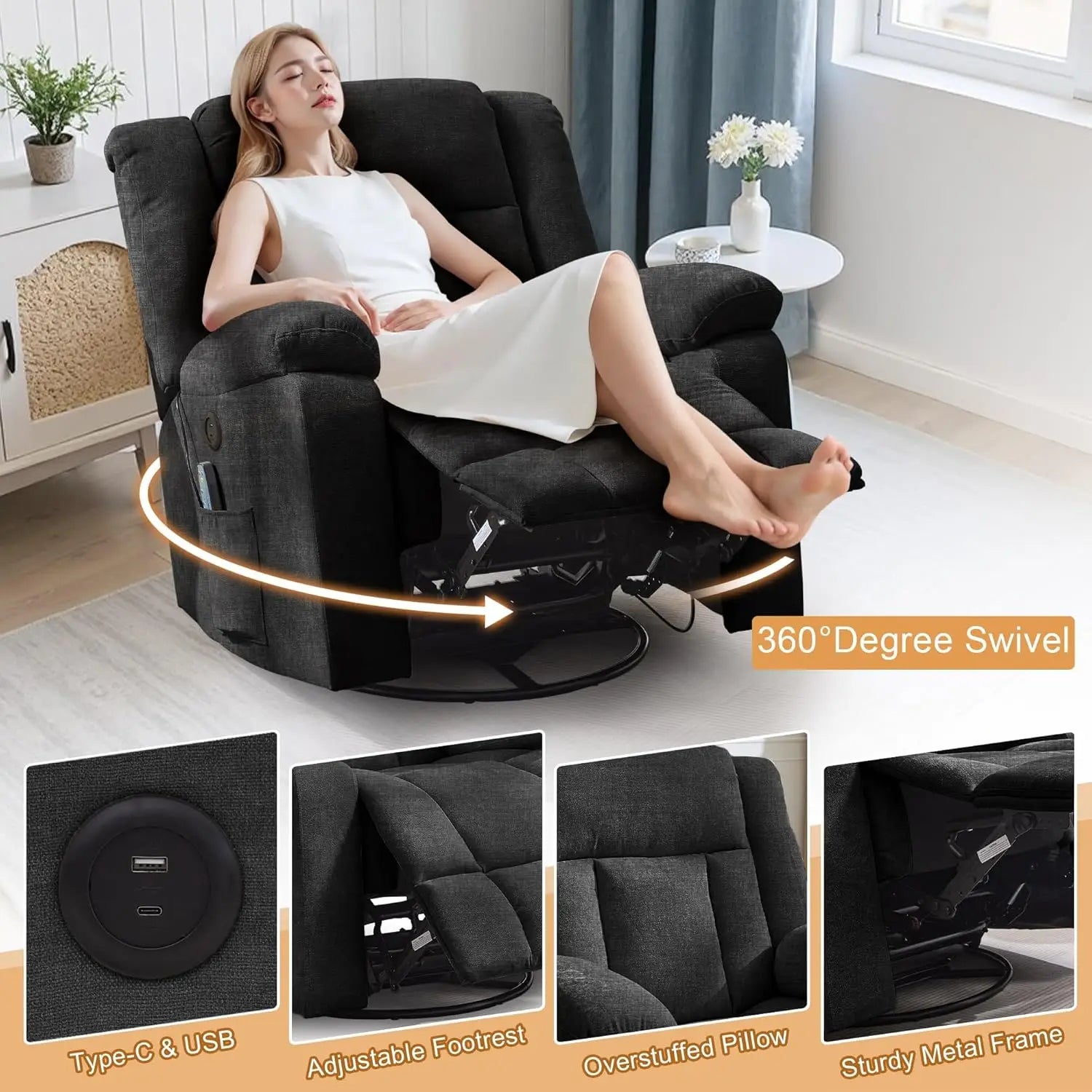 360° Swivel Rocking Recliner Chair with Massage & Heating, Storage Pockets & USB Charging for Living Room Bedroom Nursery
